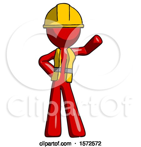 Red Construction Worker Contractor Man Waving Left Arm with Hand on Hip by Leo Blanchette