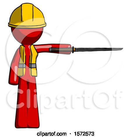 Red Construction Worker Contractor Man Standing with Ninja Sword Katana Pointing Right by Leo Blanchette