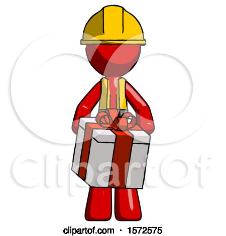 Red Construction Worker Contractor Man Gifting Present with Large Bow Front View by Leo Blanchette
