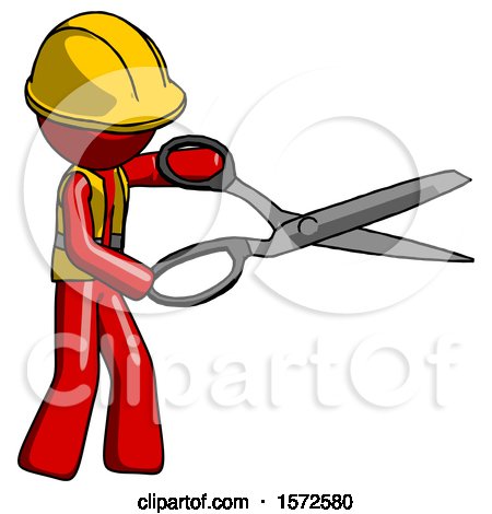 Red Construction Worker Contractor Man Holding Giant Scissors Cutting out Something by Leo Blanchette