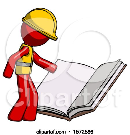 Red Construction Worker Contractor Man Reading Big Book While Standing Beside It by Leo Blanchette