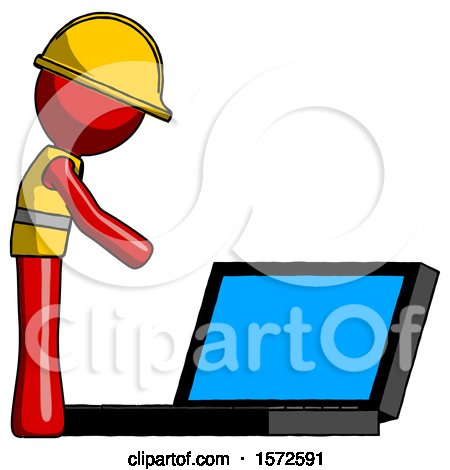 Red Construction Worker Contractor Man Using Large Laptop Computer Side Orthographic View by Leo Blanchette