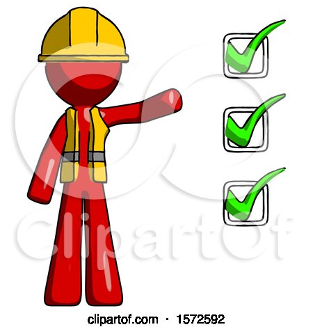 Red Construction Worker Contractor Man Standing by List of Checkmarks by Leo Blanchette