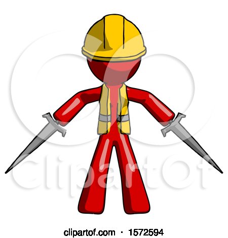 Red Construction Worker Contractor Man Two Sword Defense Pose by Leo Blanchette