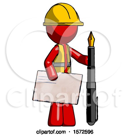 Red Construction Worker Contractor Man Holding Large Envelope and Calligraphy Pen by Leo Blanchette