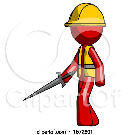 Red Construction Worker Contractor Man with Sword Walking Confidently by Leo Blanchette
