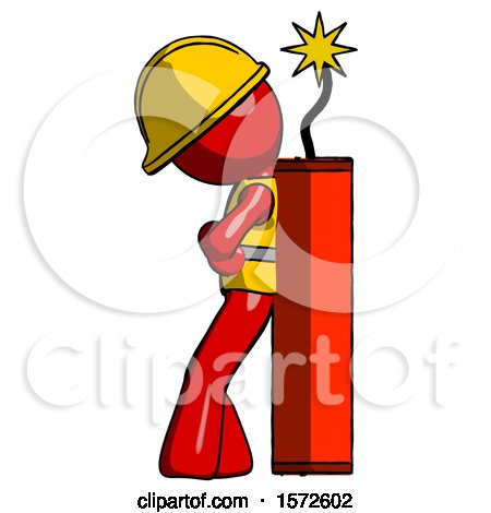 Red Construction Worker Contractor Man Leaning Against Dynimate, Large Stick Ready to Blow by Leo Blanchette