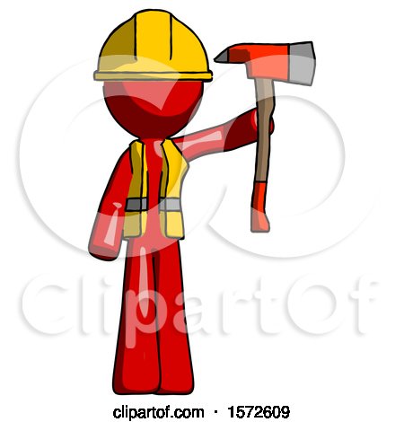 Red Construction Worker Contractor Man Holding up Red Firefighter's Ax by Leo Blanchette