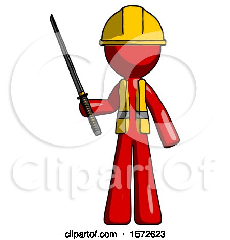 Red Construction Worker Contractor Man Standing up with Ninja Sword Katana by Leo Blanchette