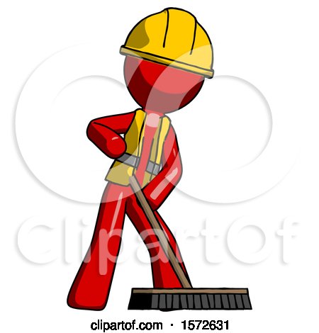 Red Construction Worker Contractor Man Cleaning Services Janitor Sweeping Floor with Push Broom by Leo Blanchette