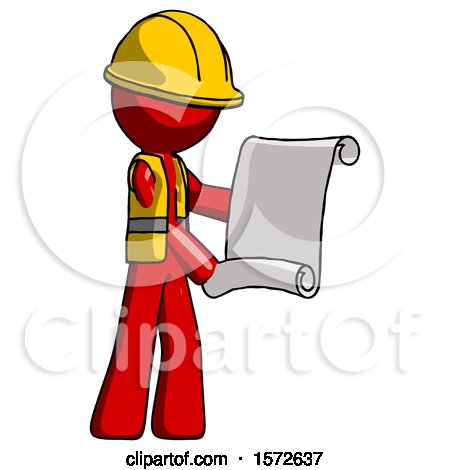 Red Construction Worker Contractor Man Holding Blueprints or Scroll by Leo Blanchette