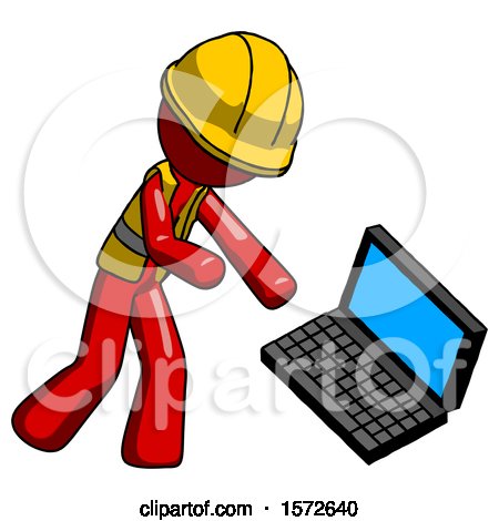 Red Construction Worker Contractor Man Throwing Laptop Computer in Frustration by Leo Blanchette