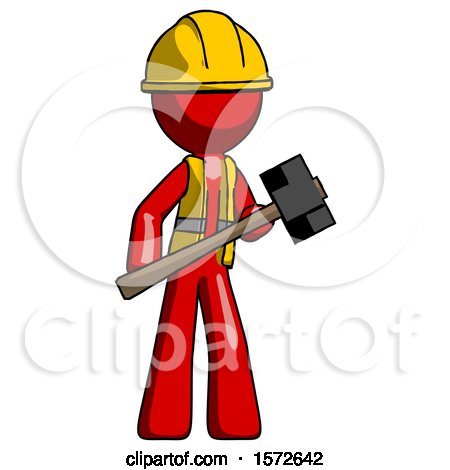 Red Construction Worker Contractor Man with Sledgehammer Standing Ready to Work or Defend by Leo Blanchette