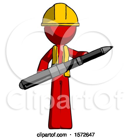Red Construction Worker Contractor Man Posing Confidently with Giant Pen by Leo Blanchette