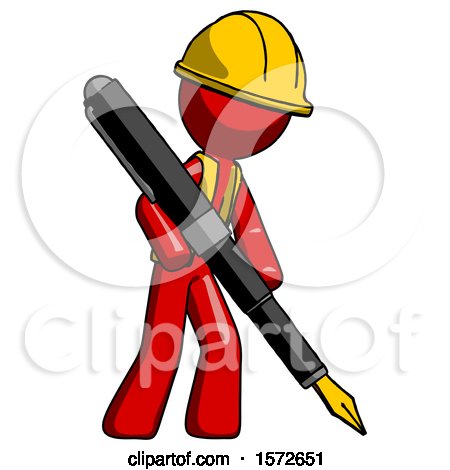 Red Construction Worker Contractor Man Drawing or Writing with Large Calligraphy Pen by Leo Blanchette