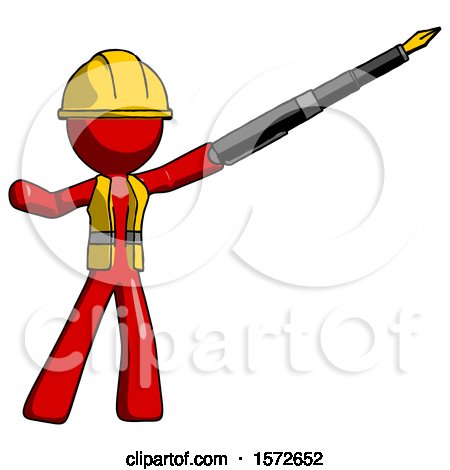 Red Construction Worker Contractor Man Pen Is Mightier Than the Sword Calligraphy Pose by Leo Blanchette