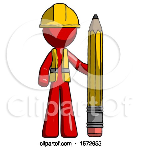 Red Construction Worker Contractor Man with Large Pencil Standing Ready to Write by Leo Blanchette