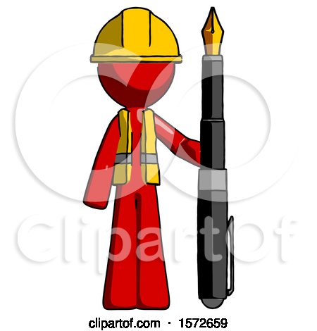 Red Construction Worker Contractor Man Holding Giant Calligraphy Pen by Leo Blanchette
