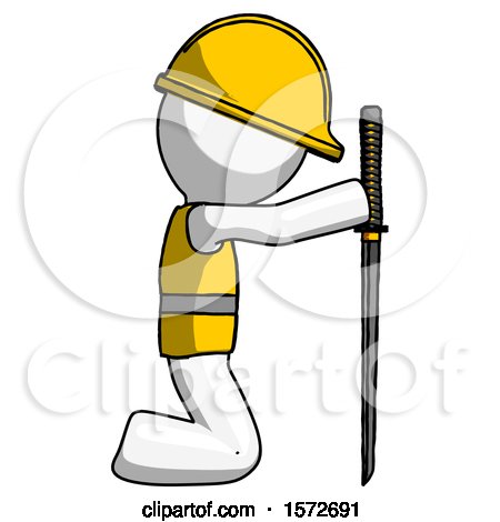 White Construction Worker Contractor Man Kneeling with Ninja Sword Katana Showing Respect by Leo Blanchette