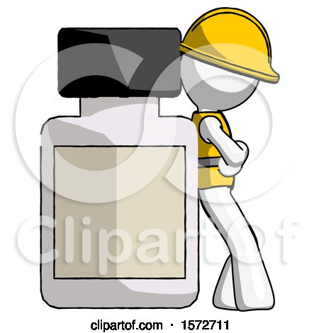 White Construction Worker Contractor Man Leaning Against Large Medicine Bottle by Leo Blanchette