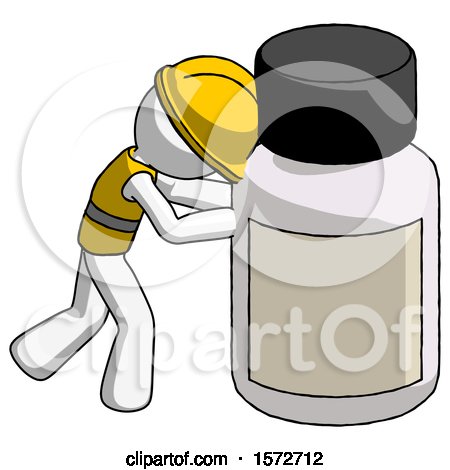 White Construction Worker Contractor Man Pushing Large Medicine Bottle by Leo Blanchette