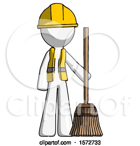 White Construction Worker Contractor Man Standing with Broom Cleaning Services by Leo Blanchette