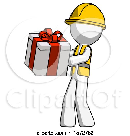 White Construction Worker Contractor Man Presenting a Present with Large Red Bow on It by Leo Blanchette