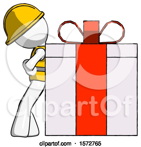 White Construction Worker Contractor Man Gift Concept - Leaning Against Large Present by Leo Blanchette