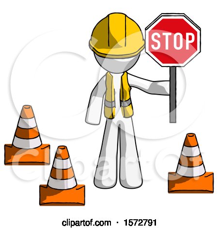 White Construction Worker Contractor Man Holding Stop Sign by Traffic Cones Under Construction Concept by Leo Blanchette