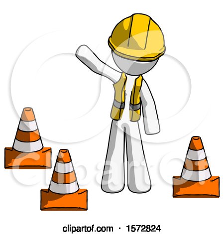 White Construction Worker Contractor Man Standing by Traffic Cones Waving by Leo Blanchette