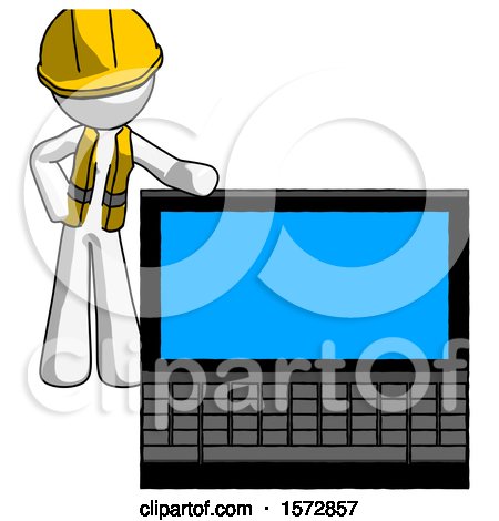 White Construction Worker Contractor Man Beside Large Laptop Computer, Leaning Against It by Leo Blanchette