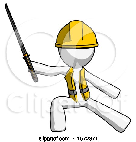 White Construction Worker Contractor Man with Ninja Sword Katana in Defense Pose by Leo Blanchette