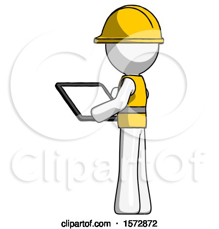 White Construction Worker Contractor Man Looking at Tablet Device Computer with Back to Viewer by Leo Blanchette