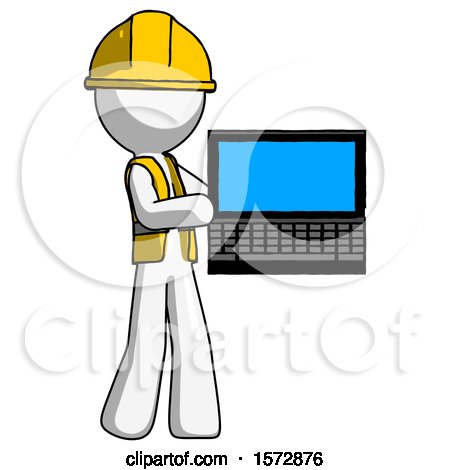 White Construction Worker Contractor Man Holding Laptop Computer Presenting Something on Screen by Leo Blanchette