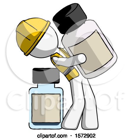 White Construction Worker Contractor Man Holding Large White Medicine Bottle with Bottle in Background by Leo Blanchette