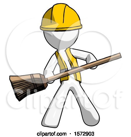 White Construction Worker Contractor Man Broom Fighter Defense Pose by Leo Blanchette