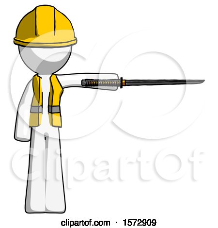White Construction Worker Contractor Man Standing with Ninja Sword Katana Pointing Right by Leo Blanchette