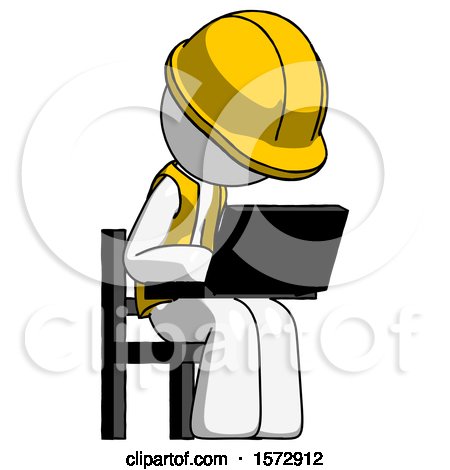 White Construction Worker Contractor Man Using Laptop Computer While Sitting in Chair Angled Right by Leo Blanchette
