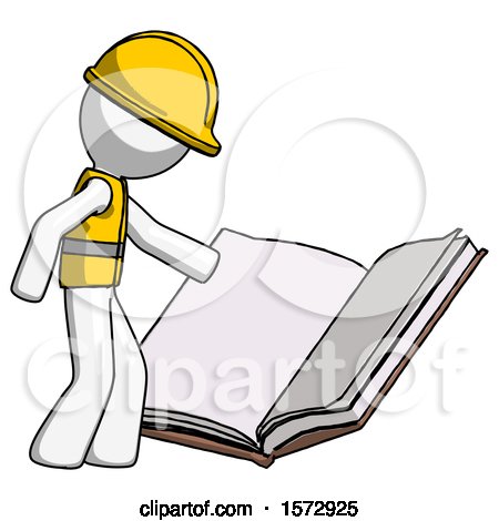 White Construction Worker Contractor Man Reading Big Book While Standing Beside It by Leo Blanchette