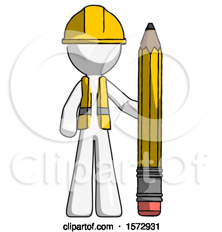 White Construction Worker Contractor Man with Large Pencil Standing Ready to Write by Leo Blanchette