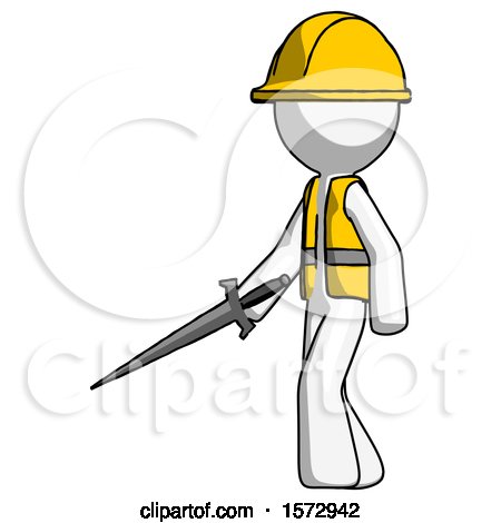 White Construction Worker Contractor Man with Sword Walking Confidently by Leo Blanchette