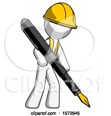 White Construction Worker Contractor Man Drawing or Writing with Large Calligraphy Pen by Leo Blanchette