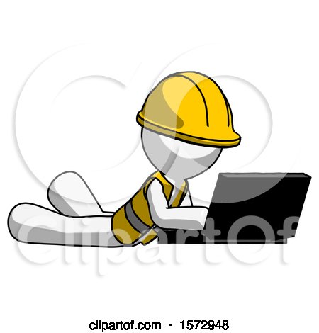 White Construction Worker Contractor Man Using Laptop Computer While Lying on Floor Side Angled View by Leo Blanchette