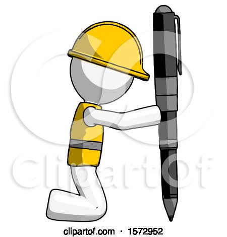 White Construction Worker Contractor Man Posing with Giant Pen in Powerful yet Awkward Manner. by Leo Blanchette
