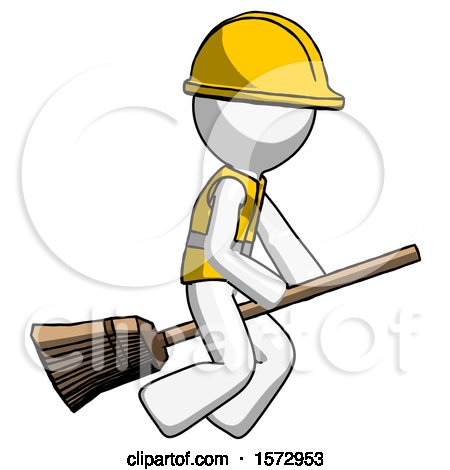 White Construction Worker Contractor Man Flying on Broom by Leo Blanchette