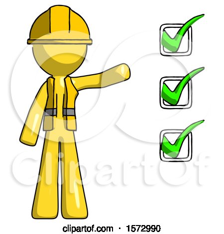 Yellow Construction Worker Contractor Man Standing by List of Checkmarks by Leo Blanchette