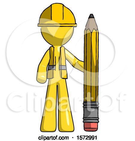 Yellow Construction Worker Contractor Man with Large Pencil Standing Ready to Write by Leo Blanchette