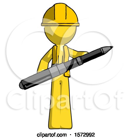 Yellow Construction Worker Contractor Man Posing Confidently with Giant Pen by Leo Blanchette