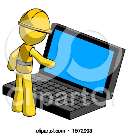 Yellow Construction Worker Contractor Man Using Large Laptop Computer by Leo Blanchette