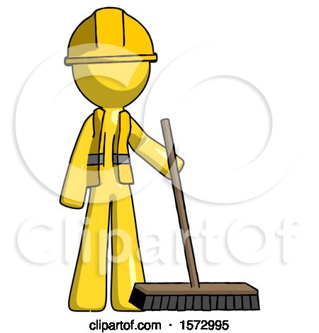 Yellow Construction Worker Contractor Man Standing with Industrial Broom by Leo Blanchette